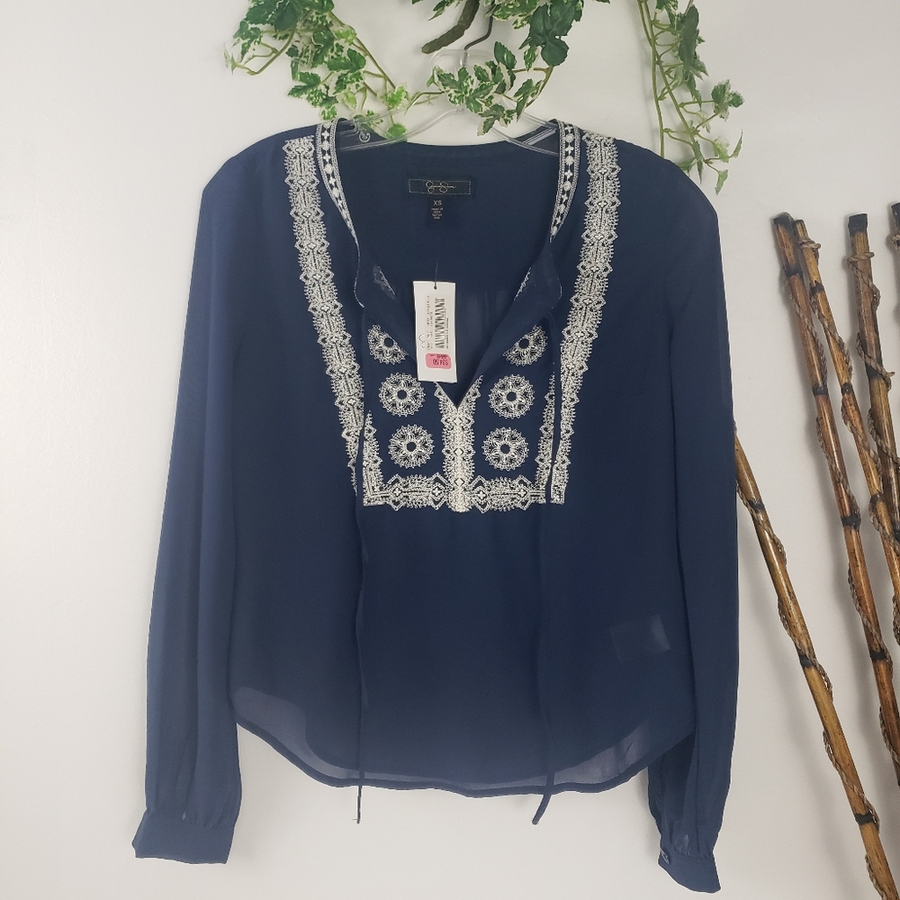 Jessica Simpson embroidered long sleeve sheer top